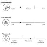 The product is an ergonomic office chair, specifically the "Vane" model. The image displays three adjustable features: lumbar support, seat firmness, and overall adjustability. Each feature is represented on a scale, indicating options ranging from light to firm for lumbar support, soft to firm for seat firmness, and slightly adjustable to highly adjustable for overall customization.