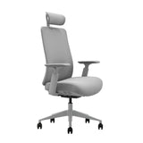The product is an ergonomic office chair, specifically the Vane model. The chair features a sleek, modern design with a high backrest, adjustable headrest, and armrests. It is upholstered in a light gray fabric and is mounted on a five-point base with wheels for mobility.