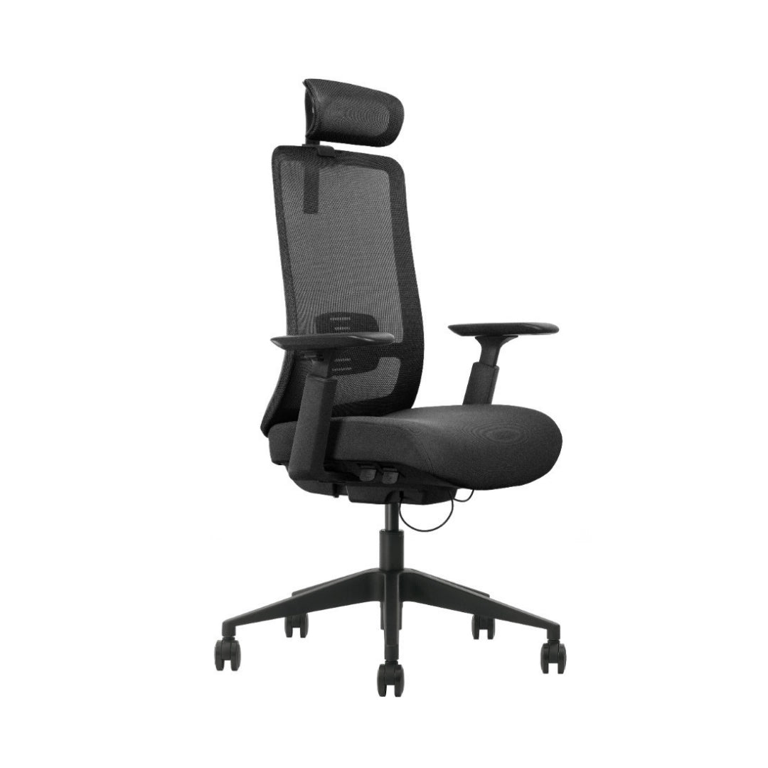 The product is an ergonomic office chair, specifically the Vane model. The chair features a modern design with a mesh back for breathability, adjustable armrests, and a supportive headrest, all set on a wheeled base for easy mobility.