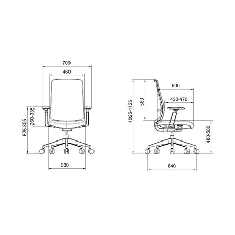 The image depicts an ergonomic office chair, specifically the "Vane" model. It features a modern design with adjustable height and armrests, and is shown from both front and side views, including detailed dimensions for reference. The chair is designed for comfort and support during prolonged use.