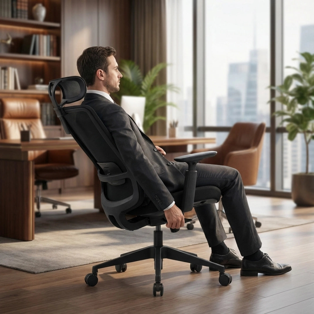 The image features an ergonomic office chair, specifically the "Vane" model. It shows a man in a suit comfortably seated in the chair, which has a modern design with adjustable features. The background reveals a stylish office setting with wooden furniture and large windows, suggesting a professional environment.