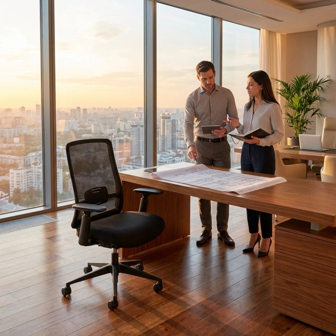The image features an ergonomic office chair, specifically the Vane model. It is shown in a modern office setting with large windows overlooking a cityscape. Two professionals are discussing plans at a wooden desk, highlighting a collaborative work environment. The chair is designed for comfort and support, with a mesh back and adjustable features.