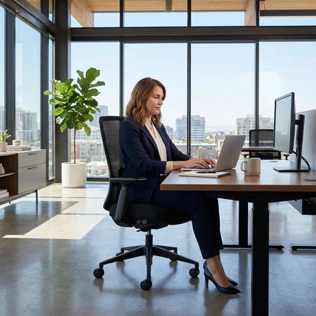 The image features an ergonomic office chair, specifically the "Vane" model. It showcases a woman working at a desk with a laptop and two monitors in a modern office setting, characterized by large windows and a view of the city. The chair is designed for comfort and support, highlighting its ergonomic features.