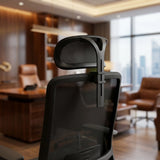 The image features an ergonomic office chair, specifically the Vane model. It showcases the backrest of the chair, which is designed with a mesh material for breathability and comfort. The setting appears to be a modern office with wooden accents and a stylish desk in the background.