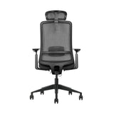 The product is an ergonomic office chair, specifically the Vane model. The image shows the chair from the back, highlighting its sleek design with a mesh backrest and adjustable headrest. The chair features armrests and a five-point base with wheels for mobility.