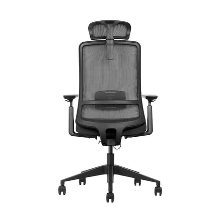 The product is an ergonomic office chair, specifically the Vane model. The image shows the chair from the back, highlighting its sleek design with a mesh backrest and adjustable headrest. The chair features armrests and a five-point base with wheels for mobility.