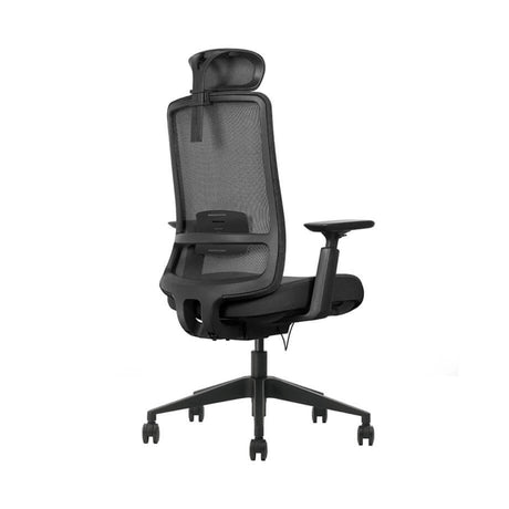 The image features an ergonomic office chair, specifically the Vane model. It has a modern design with a mesh backrest for breathability and comfort. The chair includes adjustable armrests and a supportive headrest, making it suitable for long hours of use. The overall aesthetic is sleek and functional, designed to promote good posture and comfort in a workspace.