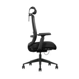 The image features an ergonomic office chair, specifically the Vane model. It showcases a sleek black design with a high backrest, adjustable headrest, and armrests. The chair is mounted on a five-star base with wheels, indicating mobility and ease of movement.