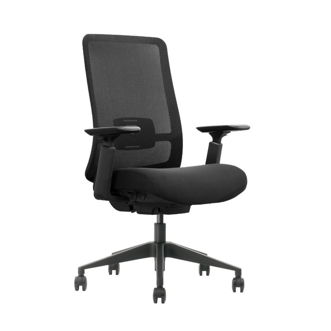 The product is an ergonomic office chair, specifically the Vane model. The chair features a sleek design with a breathable mesh backrest and a cushioned seat, along with adjustable armrests and a five-point base with wheels for mobility.