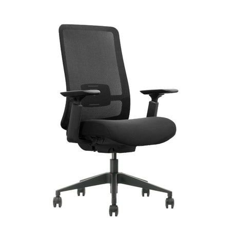 The product is an ergonomic office chair, specifically the Vane model. The chair features a sleek design with a breathable mesh backrest and a cushioned seat, along with adjustable armrests and a five-point base with wheels for mobility.