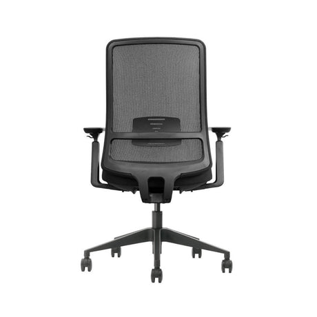 The image shows an ergonomic office chair, specifically the Vane model. It features a sleek design with a mesh back for breathability and adjustable armrests. The chair is mounted on a five-point base with wheels for mobility.