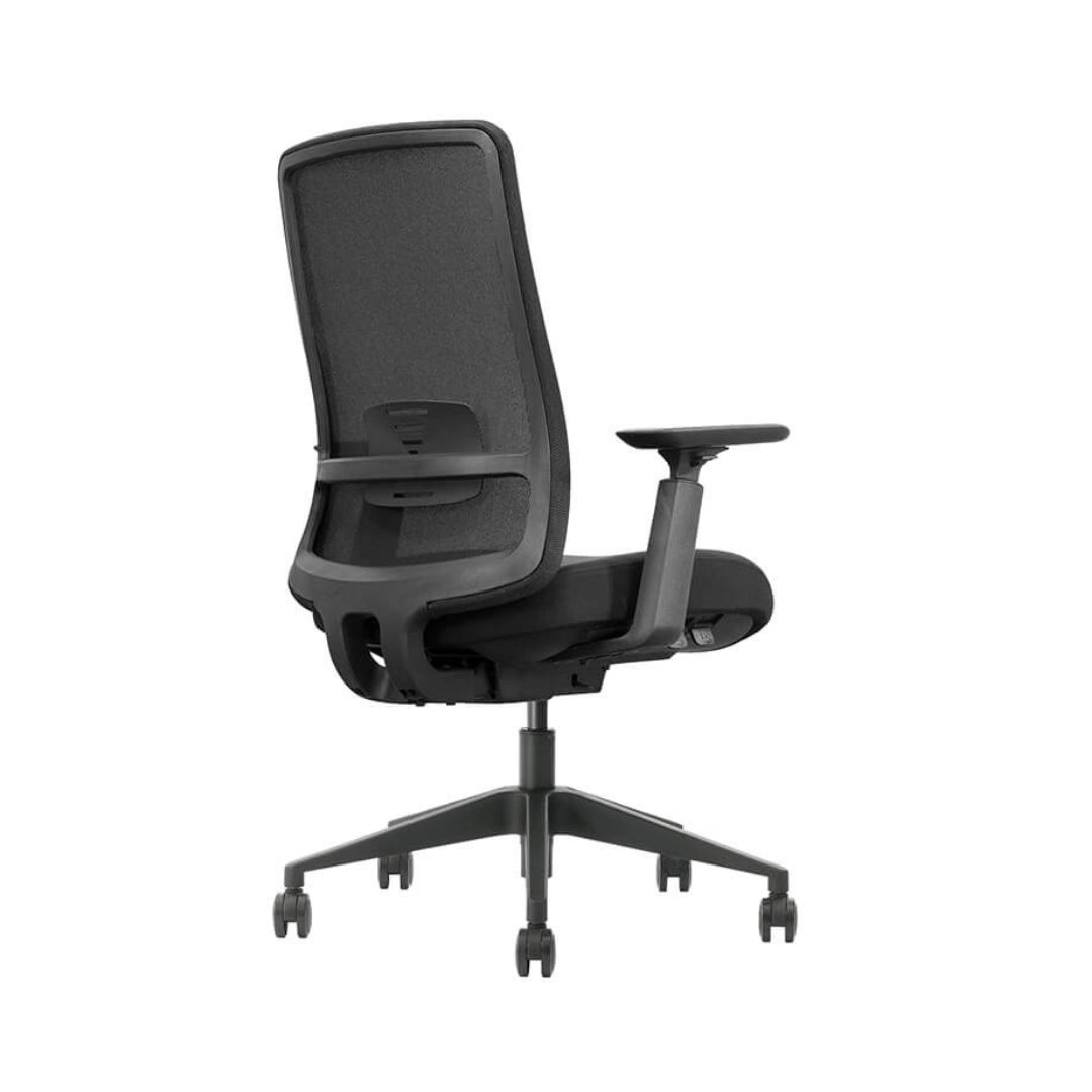 The product is an ergonomic office chair, specifically the Vane model. The image shows the back view of the chair, featuring a mesh backrest for breathability, adjustable armrests, and a five-point base with wheels for mobility. The overall design emphasizes comfort and support for long hours of sitting.