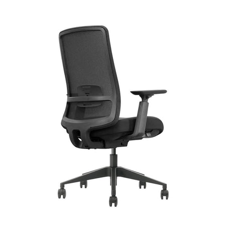 The product is an ergonomic office chair, specifically the Vane model. The image shows the back view of the chair, featuring a mesh backrest for breathability, adjustable armrests, and a five-point base with wheels for mobility. The overall design emphasizes comfort and support for long hours of sitting.