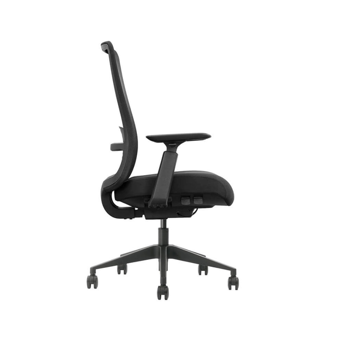 The image features an ergonomic office chair, specifically the Vane model. It showcases a sleek design with a mesh backrest for breathability, adjustable armrests, and a sturdy base with wheels for mobility. The overall aesthetic is modern and functional, suitable for office environments.