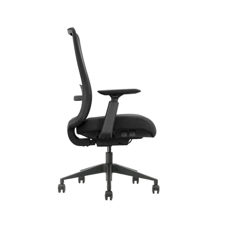 The image features an ergonomic office chair, specifically the Vane model. It showcases a sleek design with a mesh backrest for breathability, adjustable armrests, and a sturdy base with wheels for mobility. The overall aesthetic is modern and functional, suitable for office environments.