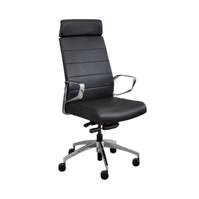 The product is an ergonomic executive chair designed for office use. It features a sleek black leather upholstery with a high backrest and padded seat for comfort. The chair has chrome armrests and a five-star base with wheels for easy mobility.
