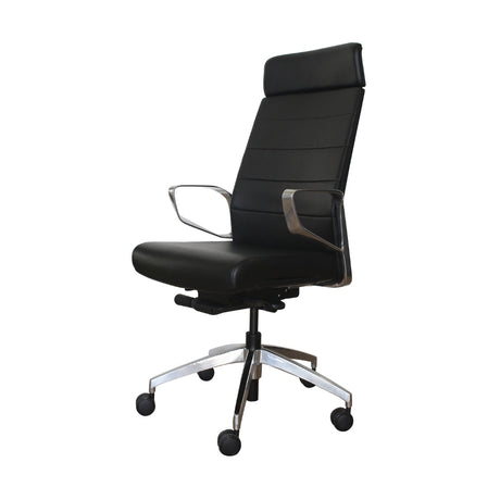 The product is an ergonomic office chair, specifically the "Superior Executive Chair." The chair features a sleek black design with a high backrest, padded seat, and armrests. It has a modern chrome base with wheels for easy mobility, making it suitable for office environments.