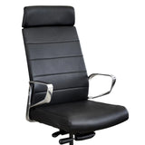 The product is an ergonomic office chair, specifically the "Ergonomic Executive Chair Superior." The chair features a sleek black design with a high backrest and padded head support. It has a comfortable seat and is equipped with chrome armrests, enhancing its modern aesthetic. The overall look suggests a blend of style and functionality, suitable for professional environments.