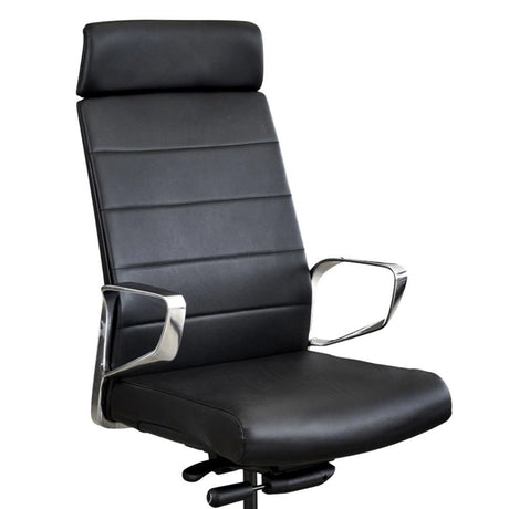 The product is an ergonomic office chair, specifically the "Ergonomic Executive Chair Superior." The chair features a sleek black design with a high backrest and padded head support. It has a comfortable seat and is equipped with chrome armrests, enhancing its modern aesthetic. The overall look suggests a blend of style and functionality, suitable for professional environments.