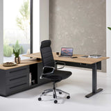The image features an ergonomic office chair designed for executive use. It has a sleek black design with a high backrest and chrome accents. The chair is positioned in a modern office setting, which includes a stylish wooden desk, a laptop, and decorative elements like a plant and a bowl of nuts. The overall aesthetic is contemporary and professional.