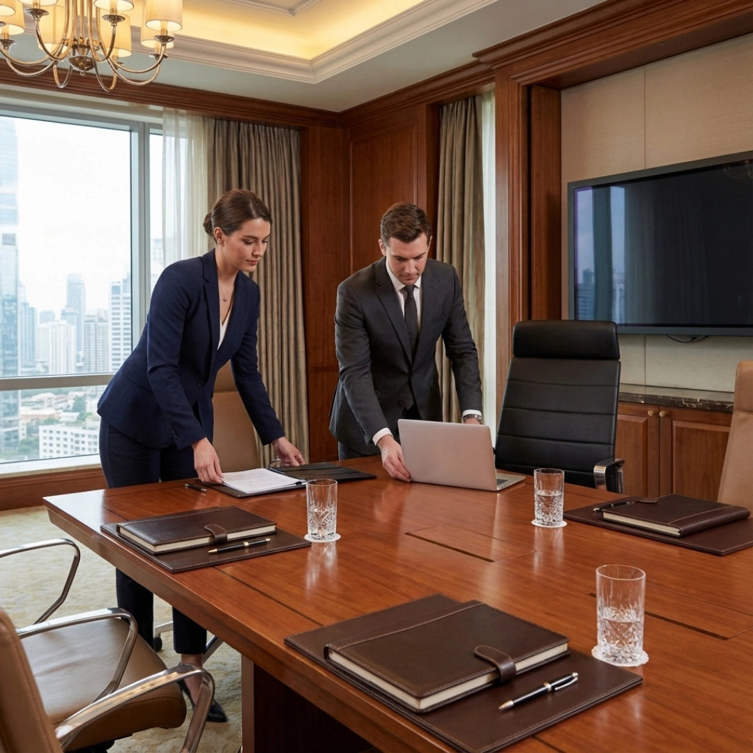 The image features an ergonomic executive chair, likely from a premium brand, set in a modern conference room. Two professionals, a woman in a suit and a man in formal attire, are preparing for a meeting, arranging documents and a laptop on a polished wooden table. The room has large windows with a city view and elegant decor, emphasizing a professional atmosphere