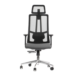 The product is an ergonomic office chair, specifically designed for comfort and support during long hours of sitting. It features a high backrest with a mesh design for breathability, a cushioned seat, and adjustable armrests. The chair is mounted on a chrome base with wheels for easy mobility.