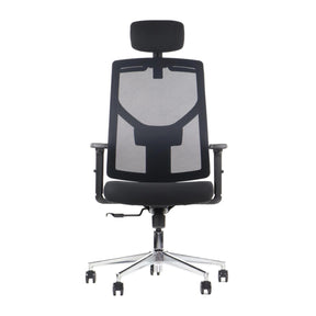 The product is an ergonomic office chair, specifically the Curtiz model. The image shows a modern chair with a mesh backrest for breathability, a padded seat for comfort, and adjustable armrests. It features a sleek design with a chrome base and wheels for mobility.