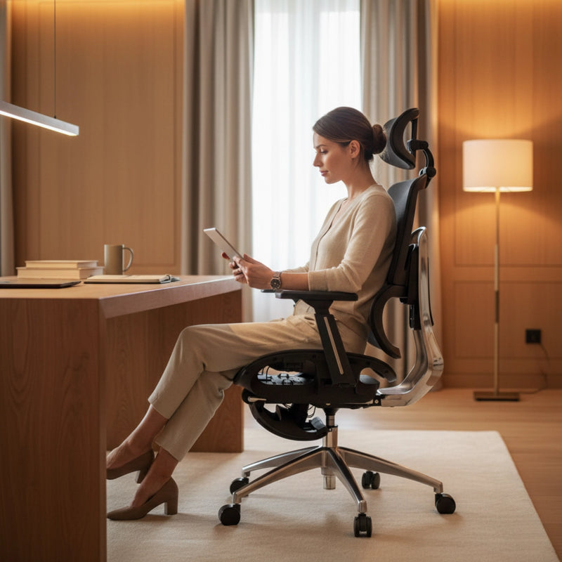 The image features an ergonomic office chair, specifically the Ergonew A1F model. It shows a woman sitting comfortably at a desk, using a tablet, in a well-lit, modern workspace. The chair has a sleek design with adjustable features, and the setting includes a wooden desk, books, and a cup, creating a cozy atmosphere.