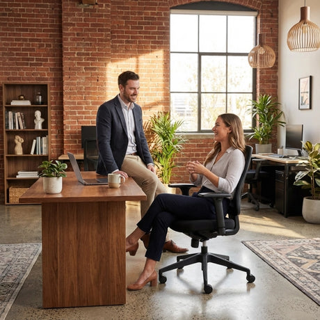 The image features an ergonomic office chair, designed for comfort and support during long hours of work. It shows a modern office setting with a man and a woman engaged in conversation. The woman is seated in the ergonomic chair, while the man stands next to a wooden desk with a laptop. The background includes plants and a bookshelf, creating a warm and inviting