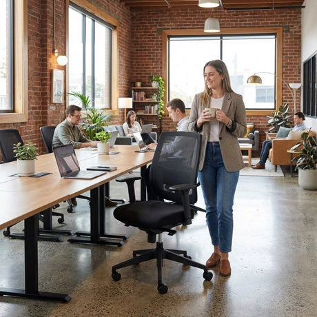The image features an ergonomic office chair designed for comfort and support during long working hours. The setting is a modern office space with a warm atmosphere, characterized by exposed brick walls and large windows. In the foreground, a woman is holding a cup and standing next to the chair, while several people work at a long table in the background, using laptops.