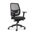 The product is an ergonomic office chair designed for comfort and support during long hours of work. It features a mesh backrest for breathability, a padded seat, and adjustable armrests. The chair is mounted on a wheeled base for easy mobility.