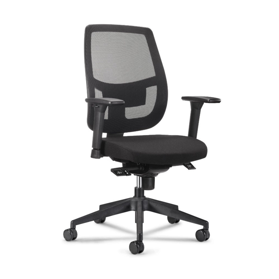 The product is an ergonomic office chair designed for comfort and support during long hours of work. It features a mesh backrest for breathability, a padded seat, and adjustable armrests. The chair is mounted on a wheeled base for easy mobility.