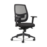 The product is an ergonomic office chair designed for comfort and support during long hours of work. It features a mesh backrest for breathability, a padded seat, and adjustable armrests. The chair is mounted on a wheeled base for easy mobility.