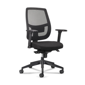 The product is an ergonomic office chair designed for comfort and support during long hours of work. It features a mesh backrest for breathability, a padded seat, and adjustable armrests. The chair is mounted on a wheeled base for easy mobility.
