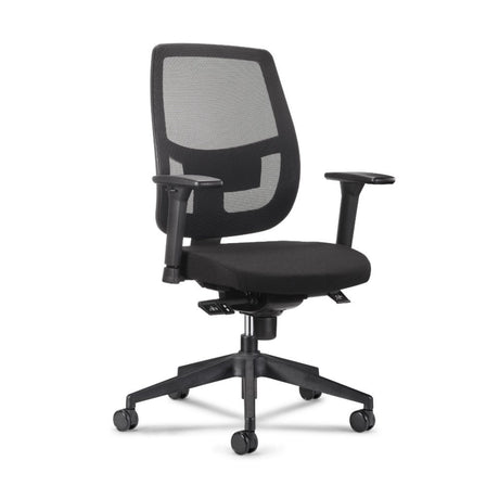 The product is an ergonomic office chair designed for comfort and support during long hours of work. It features a mesh backrest for breathability, a padded seat, and adjustable armrests. The chair is mounted on a wheeled base for easy mobility.