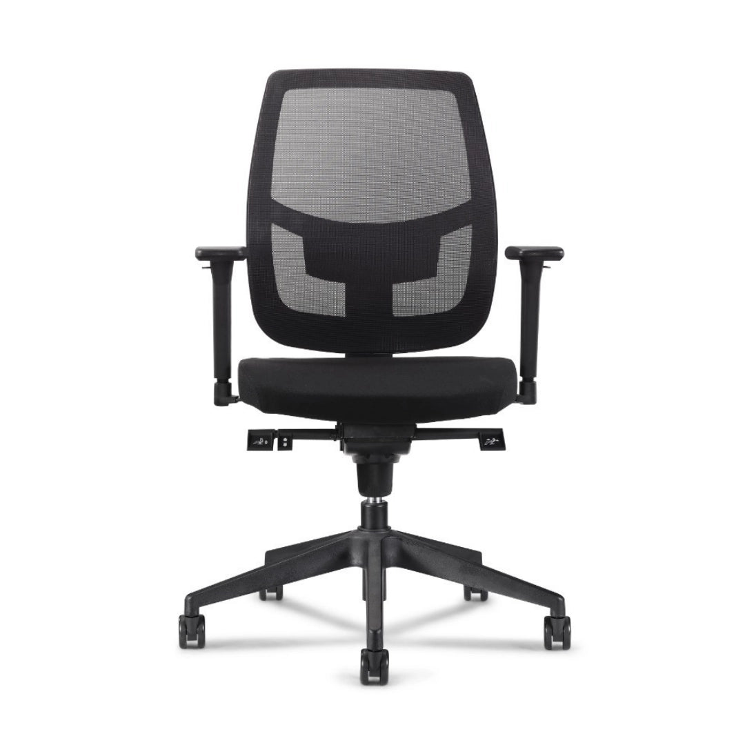 The product is an ergonomic office chair designed for comfort and support during long hours of sitting. It features a mesh backrest for breathability and adjustable armrests. The chair is mounted on a wheeled base for easy mobility.
