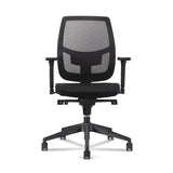 The product is an ergonomic office chair designed for comfort and support during long hours of sitting. It features a mesh backrest for breathability and adjustable armrests. The chair is mounted on a wheeled base for easy mobility.