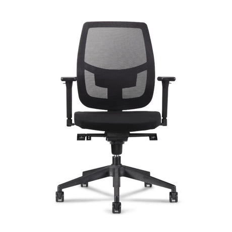 The product is an ergonomic office chair designed for comfort and support during long hours of sitting. It features a mesh backrest for breathability and adjustable armrests. The chair is mounted on a wheeled base for easy mobility.