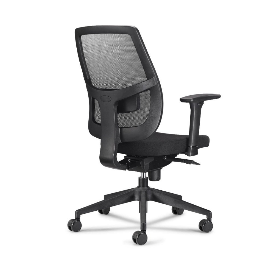 The product is an ergonomic office chair designed for comfort and support during long hours of sitting. It features a mesh backrest for breathability, adjustable armrests, and a sturdy base with wheels for mobility. The overall design emphasizes ergonomic principles to promote good posture.