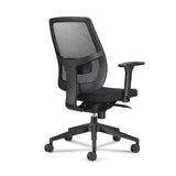 The product is an ergonomic office chair designed for comfort and support during long hours of sitting. It features a mesh backrest for breathability, adjustable armrests, and a sturdy base with wheels for mobility. The overall design emphasizes ergonomic principles to promote good posture.