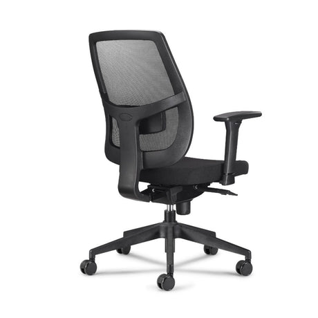 The product is an ergonomic office chair designed for comfort and support during long hours of sitting. It features a mesh backrest for breathability, adjustable armrests, and a sturdy base with wheels for mobility. The overall design emphasizes ergonomic principles to promote good posture.