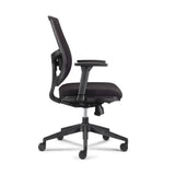 The product is an ergonomic office chair designed for comfort and support during long hours of sitting. It features a sleek black design with adjustable armrests and a breathable mesh back for ventilation. The chair is mounted on a five-point base with wheels for easy mobility.