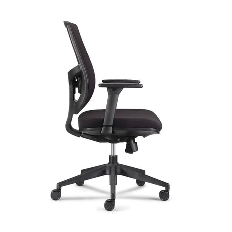 The product is an ergonomic office chair designed for comfort and support during long hours of sitting. It features a sleek black design with adjustable armrests and a breathable mesh back for ventilation. The chair is mounted on a five-point base with wheels for easy mobility.
