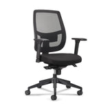 The image features an ergonomic office chair designed for comfort and support during long hours of work. It has a mesh backrest for breathability and a cushioned seat in black fabric. The chair is equipped with adjustable armrests and a wheeled base for easy mobility.