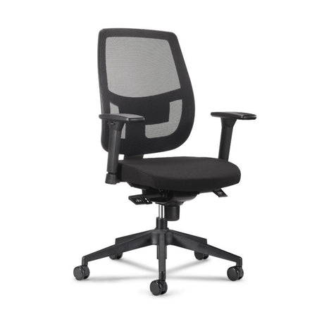 The image features an ergonomic office chair designed for comfort and support during long hours of work. It has a mesh backrest for breathability and a cushioned seat in black fabric. The chair is equipped with adjustable armrests and a wheeled base for easy mobility.