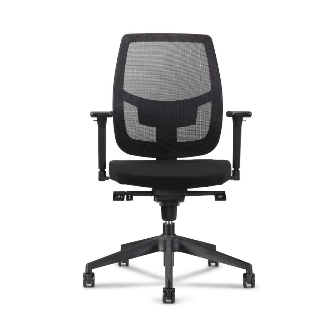 The product is an ergonomic office chair designed for comfort and support during long hours of sitting. It features a mesh backrest for breathability, adjustable armrests, and a padded seat. The chair is mounted on a five-point base with wheels for easy mobility.