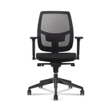 The product is an ergonomic office chair designed for comfort and support during long hours of sitting. It features a mesh backrest for breathability, adjustable armrests, and a padded seat. The chair is mounted on a five-point base with wheels for easy mobility.