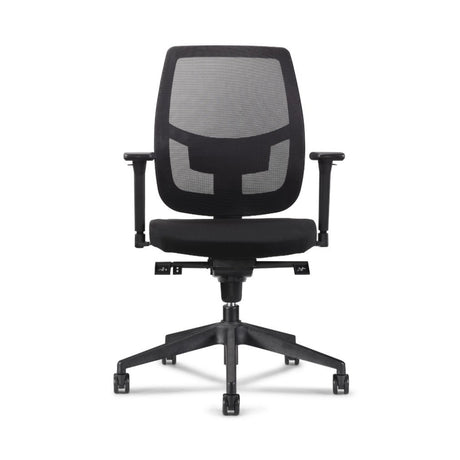 The product is an ergonomic office chair designed for comfort and support during long hours of sitting. It features a mesh backrest for breathability, adjustable armrests, and a padded seat. The chair is mounted on a five-point base with wheels for easy mobility.