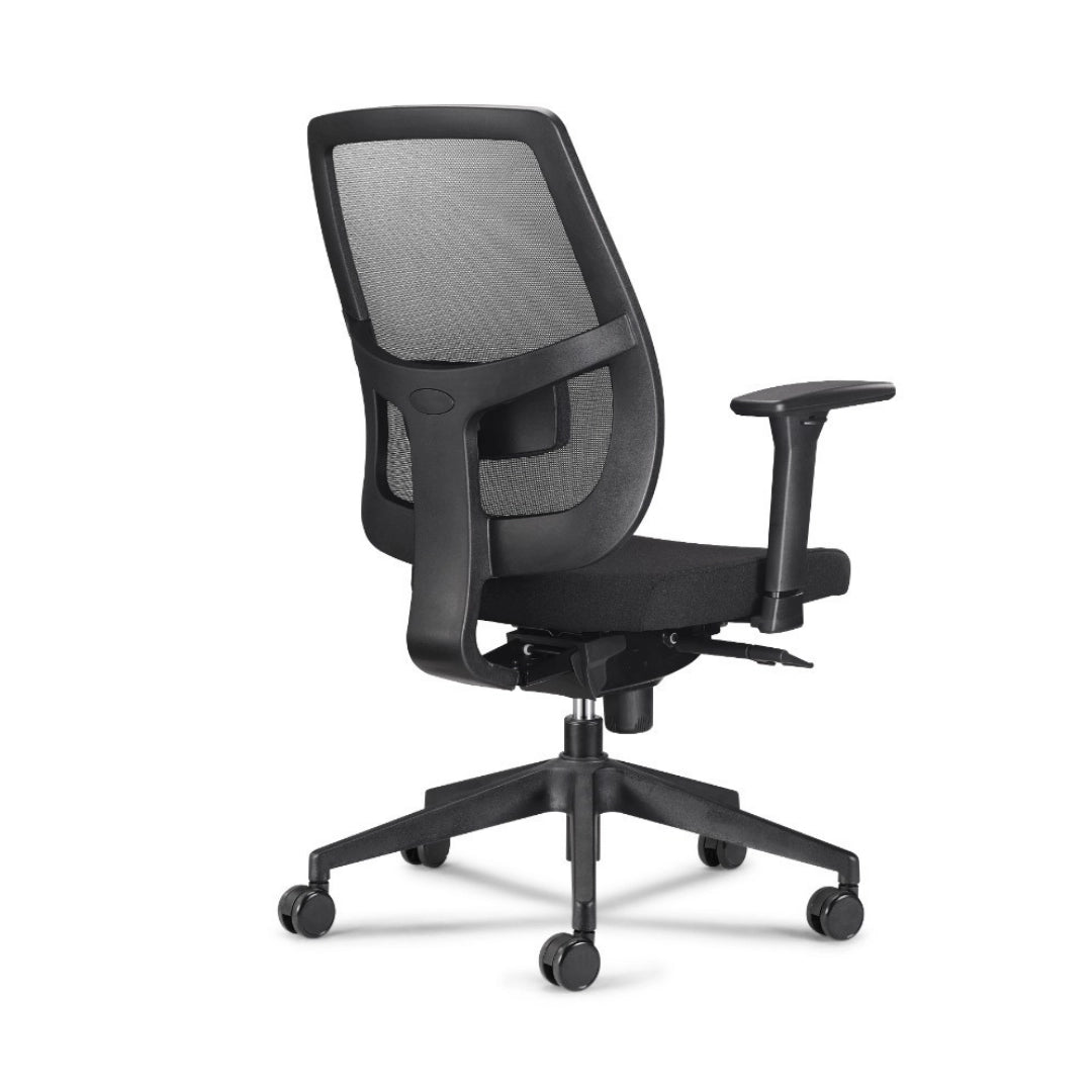The product is an ergonomic office chair, designed for comfort and support during long hours of sitting. It features a mesh back for breathability, adjustable armrests, and a sleek black design. The chair is mounted on a wheeled base for easy mobility.