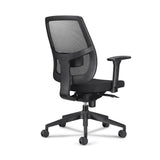 The product is an ergonomic office chair, designed for comfort and support during long hours of sitting. It features a mesh back for breathability, adjustable armrests, and a sleek black design. The chair is mounted on a wheeled base for easy mobility.
